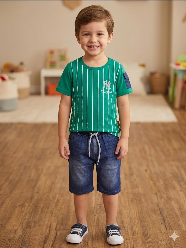 Kids Trendy Striped T-Shirt & Denim Shorts Set