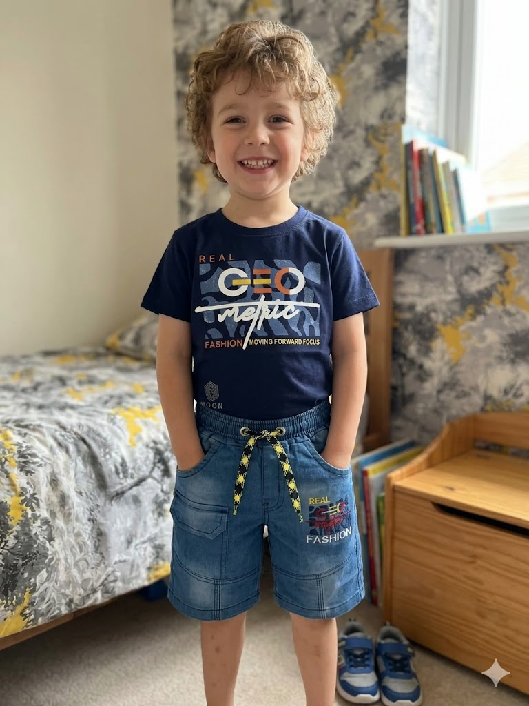 Boys' "Geometric Fashion" Two-Piece Denim Shorts Set