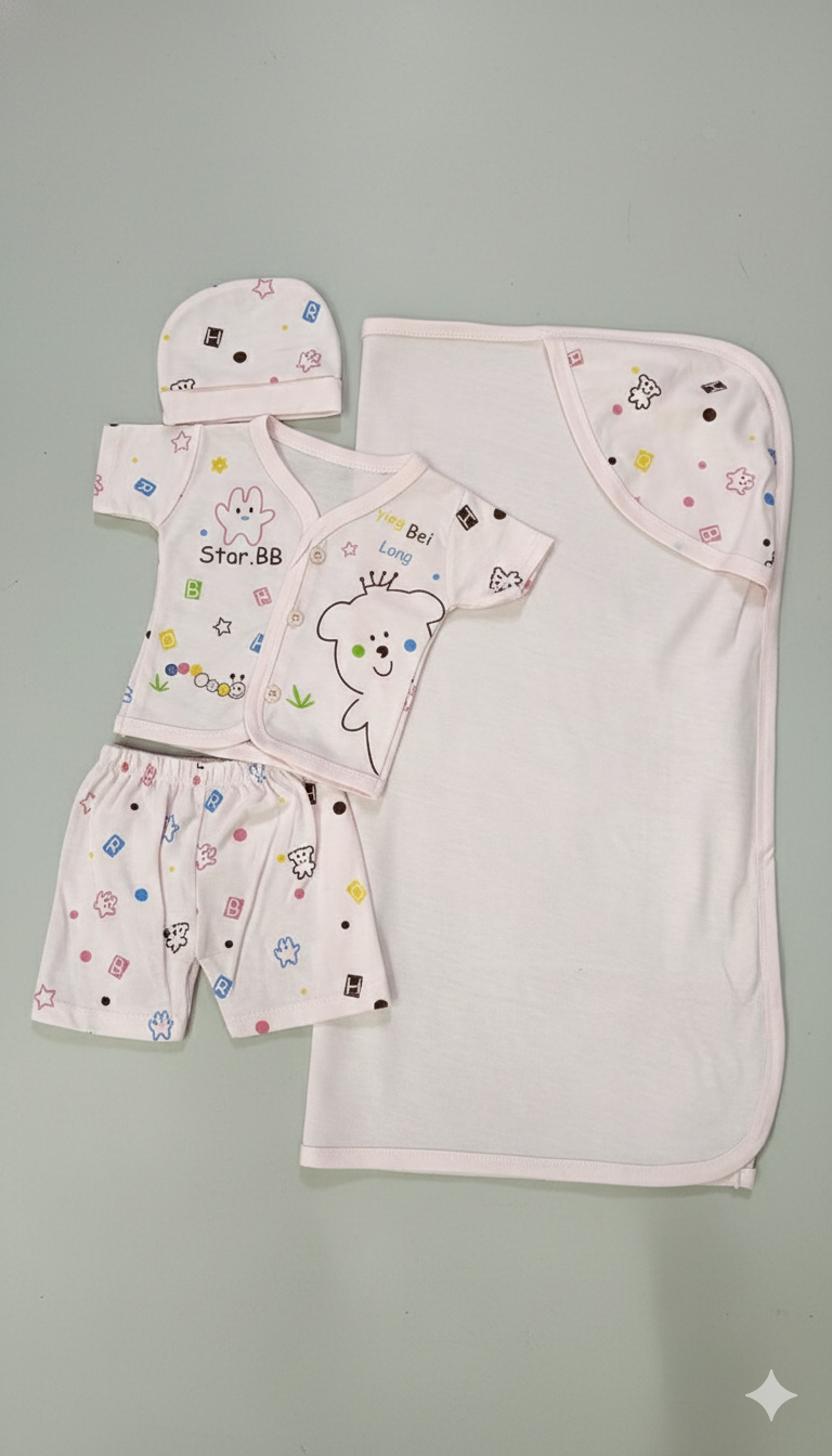 Baby 4-Piece Cotton Set – (Wrapping Sheet, Cap, Shirt & Shorts)