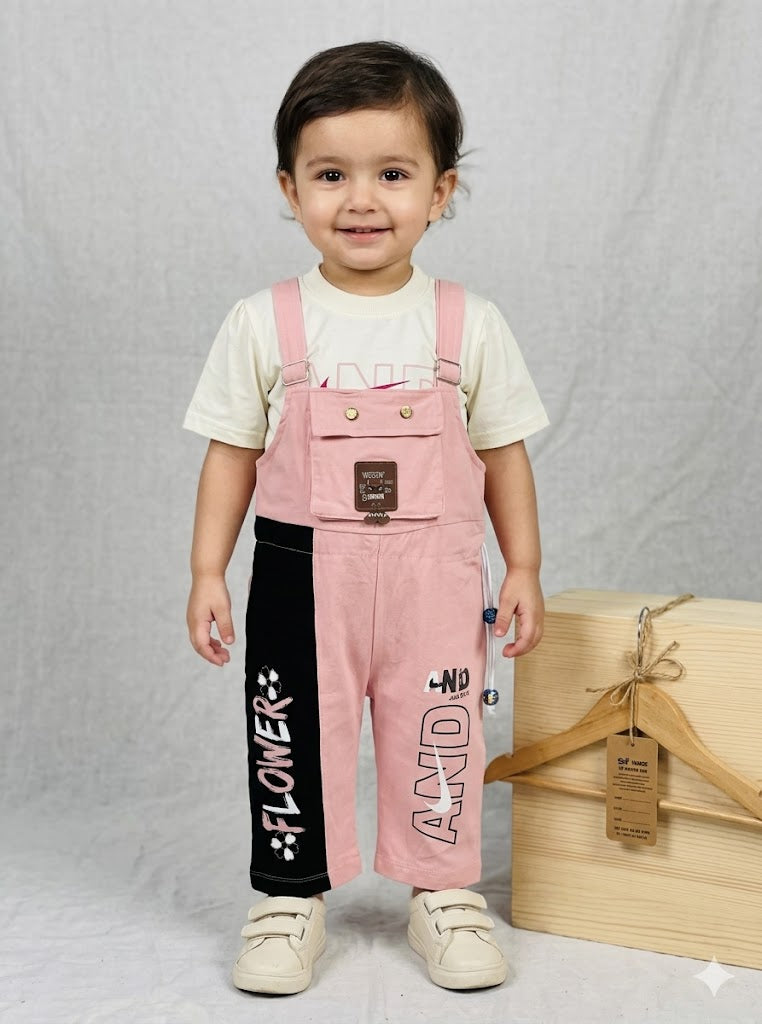 Girls 2 Piece Dungaree Set with Full Sleeves Shirt – white Color-Pink
