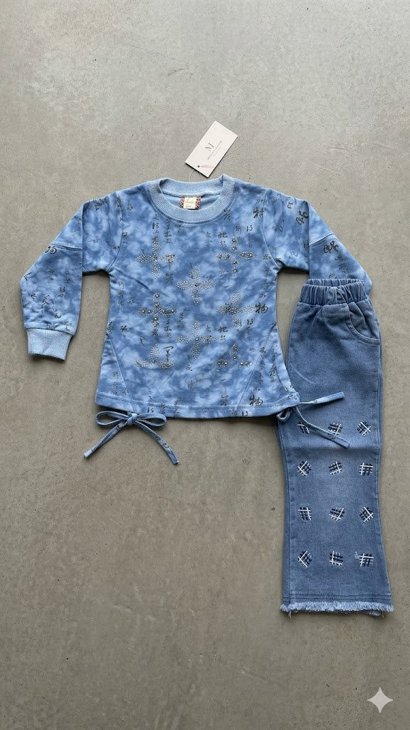 Girls 2 Piece Set with Cotton Shirt and Embroidered Bell Bottom Jeans
