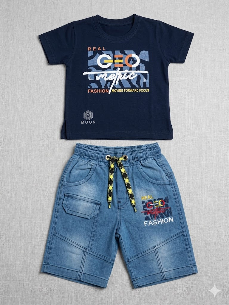 Boys' "Geometric Fashion" Two-Piece Denim Shorts Set