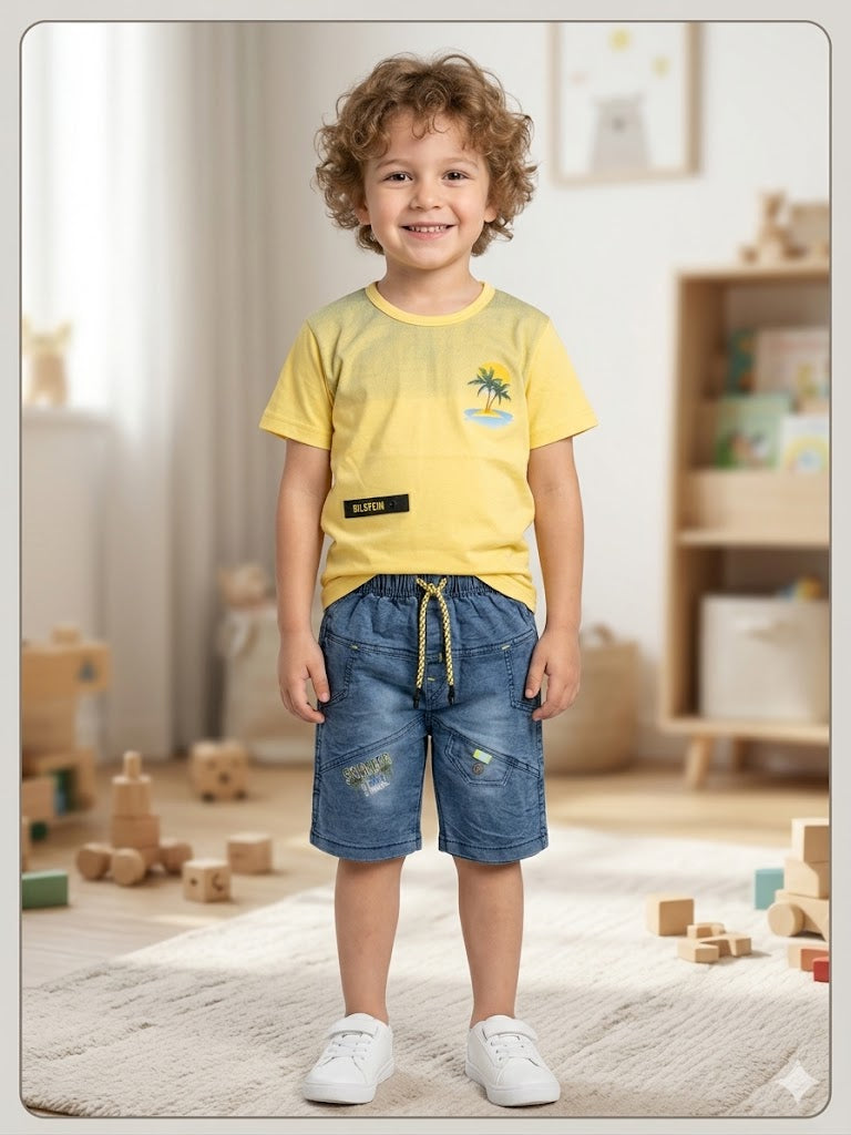 Tropical Vibes Summer Set – Two-Tone Graphic Tee with Denim Style Shorts
