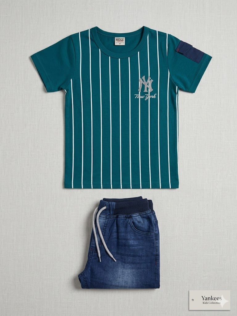 Kids Trendy Striped T-Shirt & Denim Shorts Set
