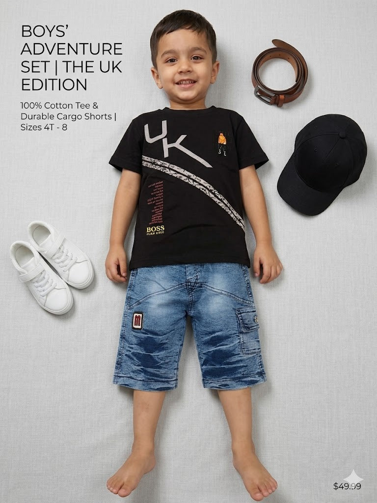 Trendy Boys Summer Outfit – Graphic T-Shirt & Denim Shorts Set