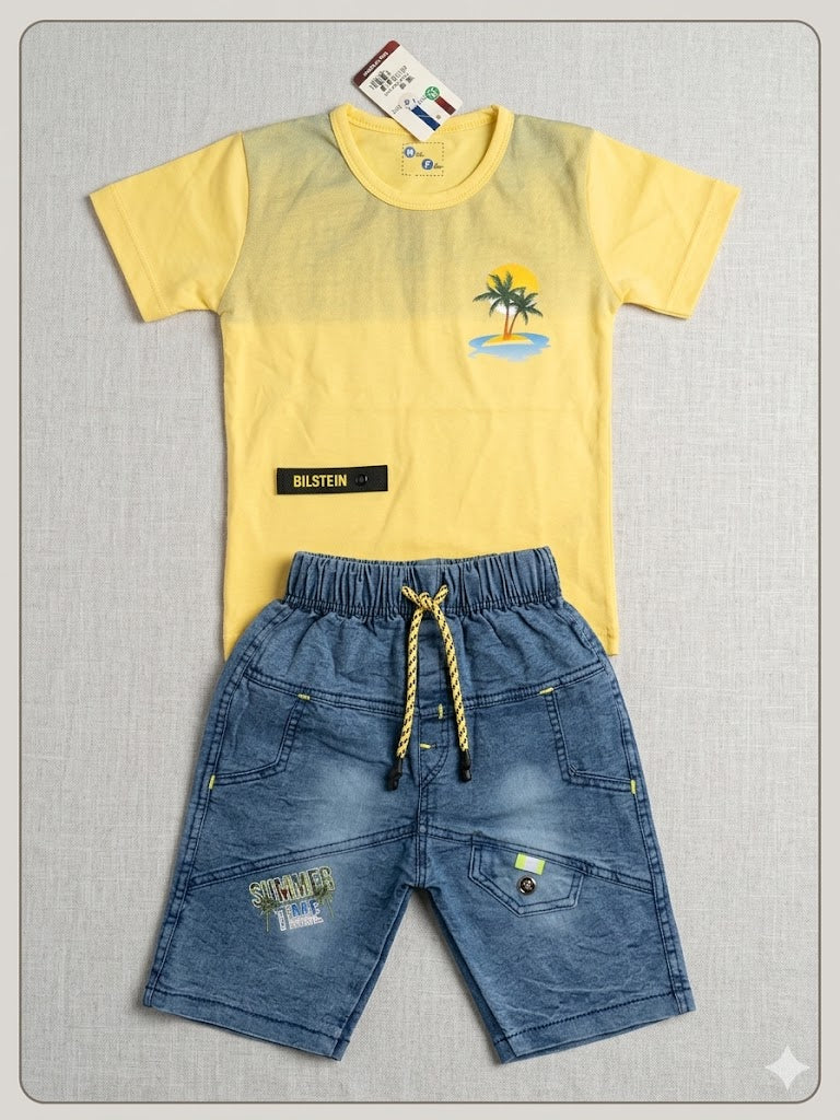 Tropical Vibes Summer Set – Two-Tone Graphic Tee with Denim Style Shorts