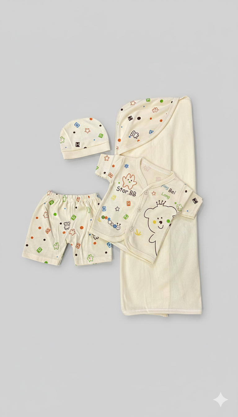 Baby 4-Piece Cotton Set – (Wrapping Sheet, Cap, Shirt & Shorts)