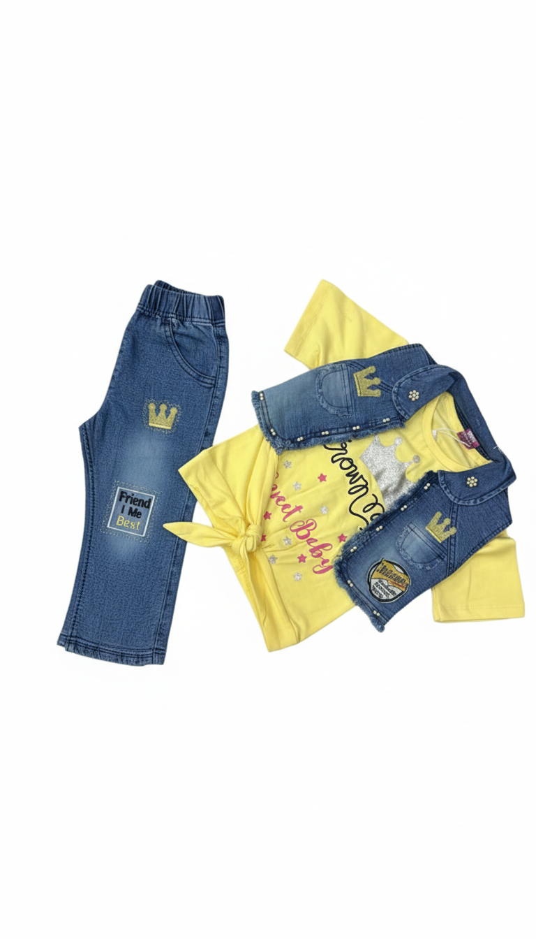 Girls 3 Piece Set with Cotton Shirt, Jeans Jacket, and Bell Bottom Jeans Pant