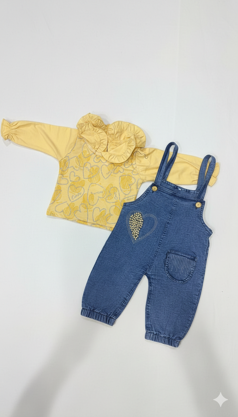 Girls 2 Piece Dungaree Set with Cotton Shirt and Jeans Dungaree