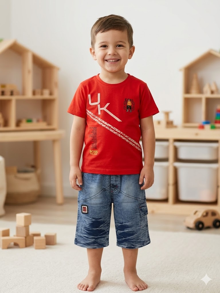 Trendy Boys Summer Outfit – Graphic T-Shirt & Denim Shorts Set