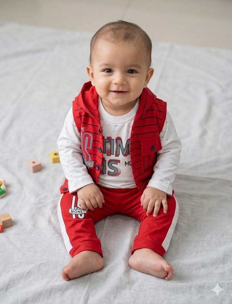 Boys 3 Piece Cotton Set in  with Sleeveless Cap Hoodie, Full Sleeves Shirt and Pajama