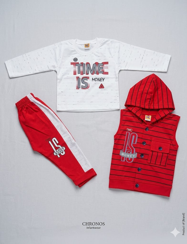 Boys 3 Piece Cotton Set in  with Sleeveless Cap Hoodie, Full Sleeves Shirt and Pajama