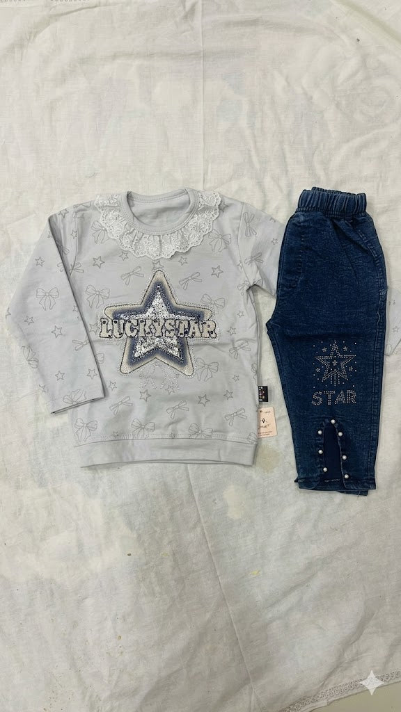 Girls 2 Piece Set with Jeans Pant and  Cotton Shirt