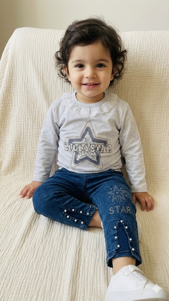 Girls 2 Piece Set with Jeans Pant and  Cotton Shirt